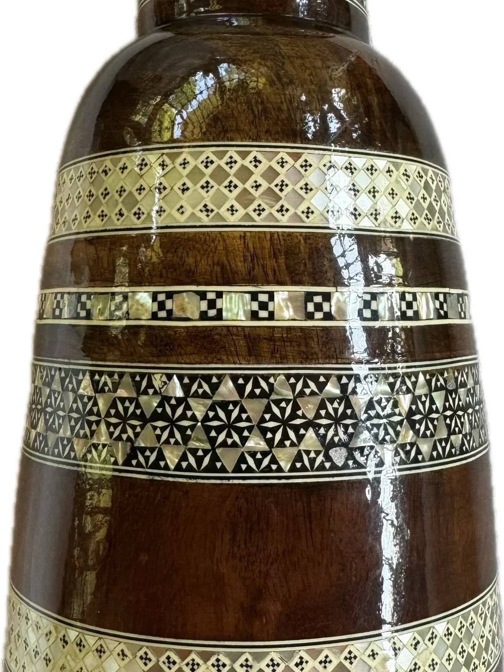 Vintage Mother of Pearl Inlaid Wood Vase 12”